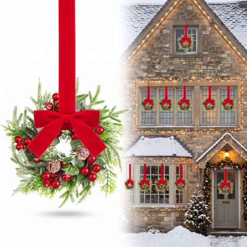 Dingion 18 Pcs Mini Christmas Wreath Set for Kitchen Cabinets - Pine Berries Snowy Decor