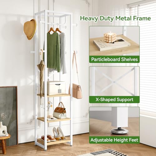 Industrial Freestanding Hall Tree with 3 Shelves and 8 Coat Hooks
