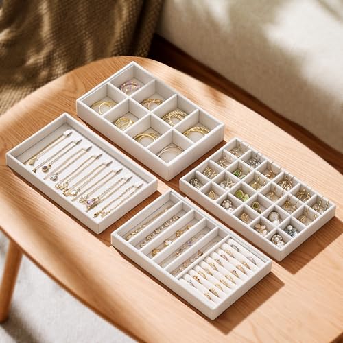 4-Layer Stackable Velvet Jewelry Organizer Trays with Removable Dividers