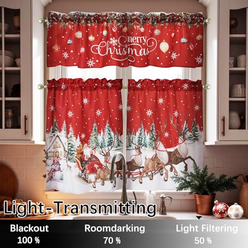 WeFrea Red Christmas 3-Piece Kitchen Curtain Set 27.5"W x 36"L Snowflake Trees Valance 54"W x 18"