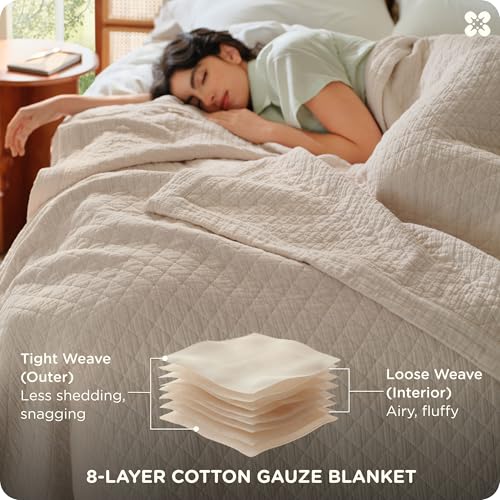 100% Cotton Muslin Blanket - 8-Layer King Size, Linen Beige