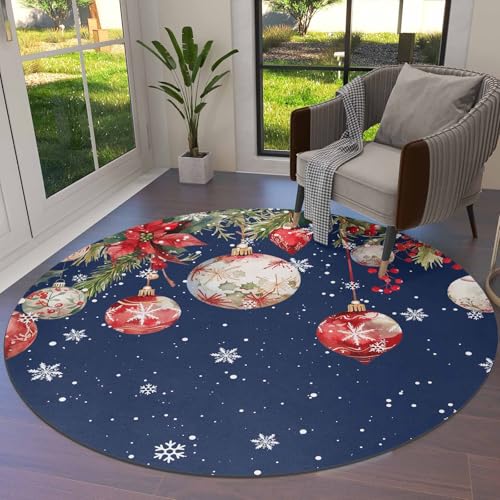 LooPoP 6ft Navy Blue Christmas Round Area Rug Poinsettia Snowflake Home Decor