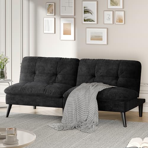 Convertible Velvet Futon Sofa Bed, Adjustable Reclining Couch for Small Spaces