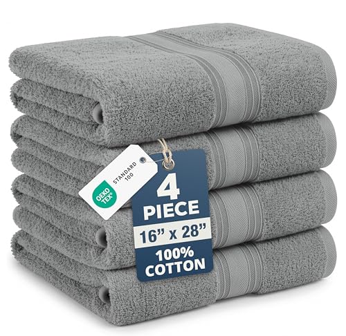 100% Cotton Hand Towels - 4 Pack Soft & Absorbent Grey Bath Towels 16x28