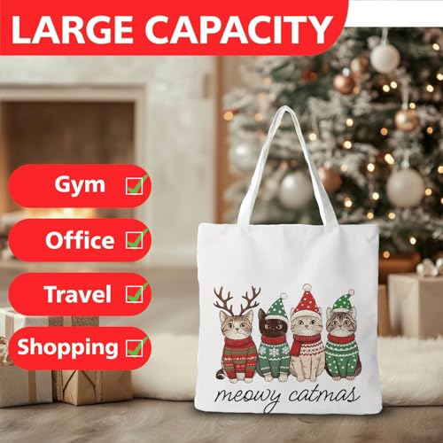 Funny Reindeer Santa Kitty Christmas Tote Bag - Reusable Canvas Shopping Bag for Women & Men