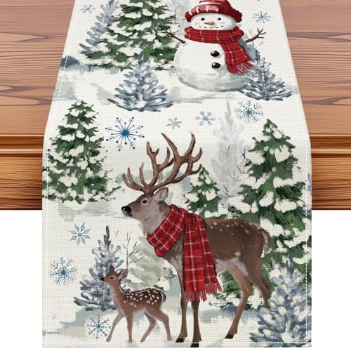 Artscope Beige 13x108 Christmas Table Runner with Reindeer Snowman Snowflakes