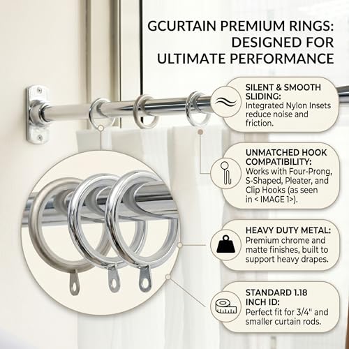 Metal Curtain Rings with Nylon Inset, 1.18 Inch Inner Diameter, Set of 12
