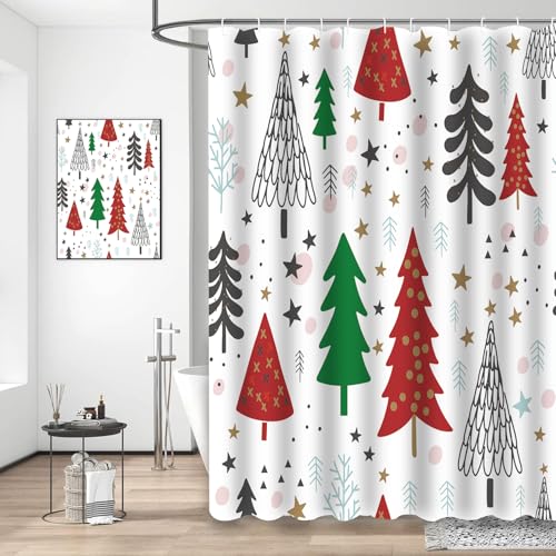 Cnayuep Red-White Christmas Shower Curtain Set 72x72 inches Waterproof Holiday Bathroom Decor