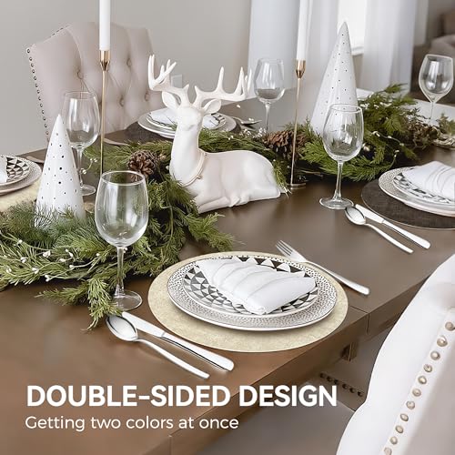13" Round Faux Leather Placemats Set of 6 with Coasters, Reversible & Wipeable