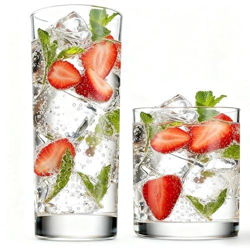 8-Piece Glass Drinkware Set, 14oz Tall and 10.5oz Short Weighted Glasses