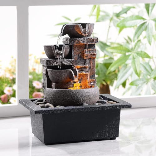 4-Tier Tabletop Indoor Water Fountain - Resin Rock Waterfall Decor