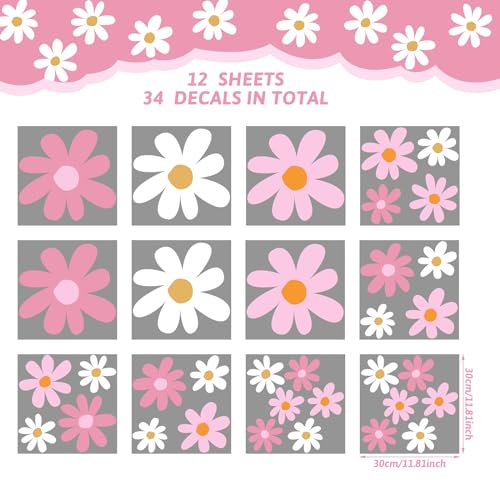12-Sheet Daisy Wall Decals, Peel and Stick Floral Vinyl Flower Stickers