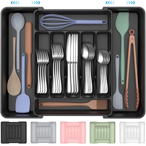 Expandable Silverware Drawer Organizer - Extra Large Cutlery Tray, Black