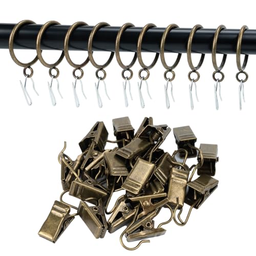 24-Piece Bronze Curtain Ring Set with Clips and Hooks - 1.25 Inch Diameter