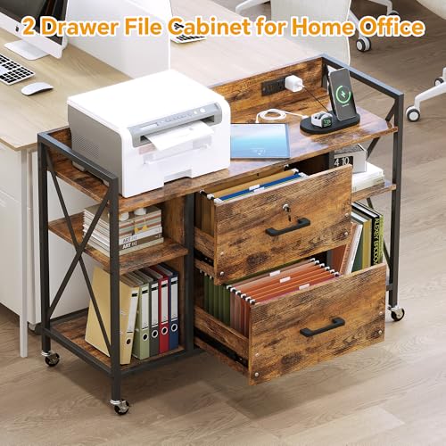 2-Drawer Rolling File Cabinet with Power Outlets and Adjustable Shelves