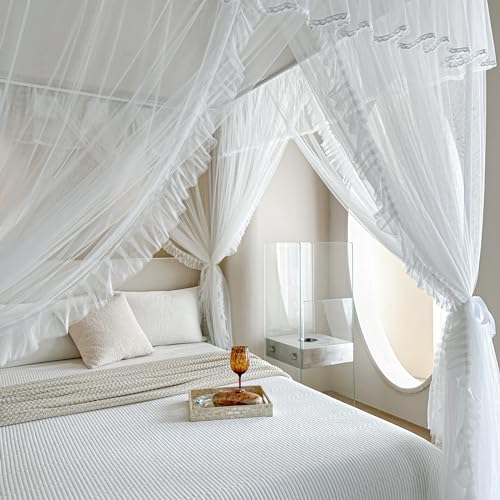 4 Corner Post Bed Canopy Curtain - Double Layer Ruffle Mosquito Net