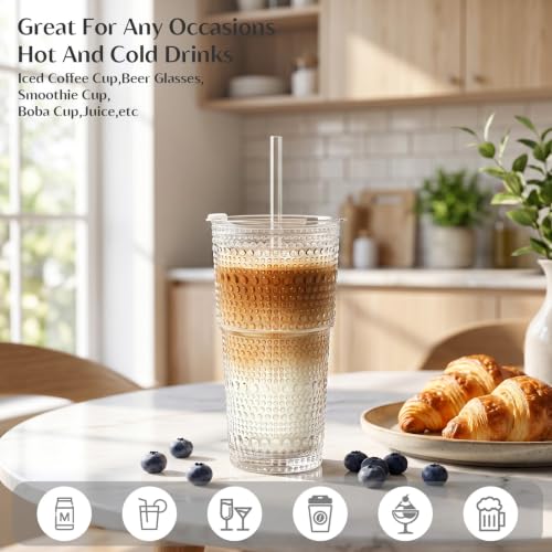 20 oz Hobnail Glass Tumblers with Lids and Straws - 4 Piece Set