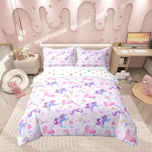 Queen Size Cotton Duvet Cover Set - Purple Unicorn Rainbow Floral Bedding