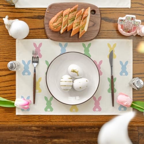 Artoid Mode Colorful Bunny Easter Placemats Set of 4, 12x18 Inch Pink Seasonal Table Decor