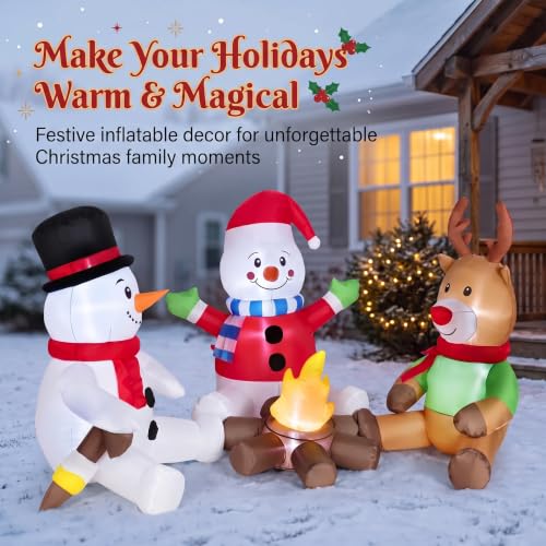 Red 6FT Christmas Inflatable Snowman & Reindeer with Fire Pit - Kendane