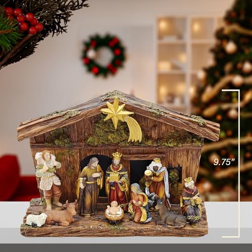 11-Piece Traditional Christmas Nativity Scene Set with Stable & Figures