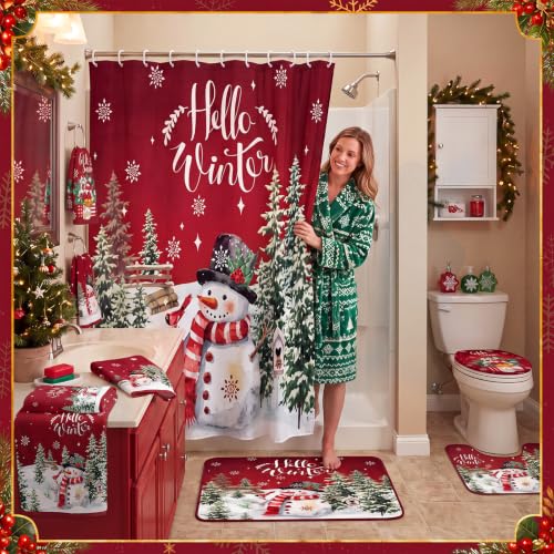 Tranqun Christmas Shower Curtain Set with Towels, Mat, Toilet Lid Cover & Hooks – Winter Holiday Bathroom Decor