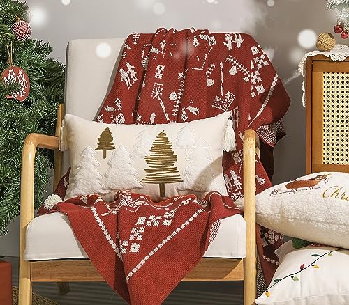 Lewondr Christmas Pillow Cover - Beige Trees, 12x20 Inch, Velvet & Embroidered Design