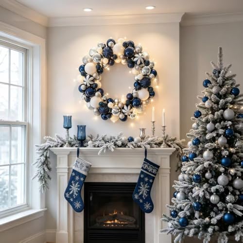 18in Christmas Ball Wreath with Lights – Silver Blue White, Pre‑assembled Front Door Decor