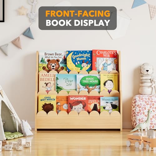 3-Tier Wooden Montessori Bookshelf for Toddlers - Scalloped Kids Bookcase