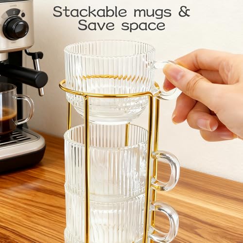 Set of 4 Clear Glass Espresso Cups with Saucers & Stand, 5.4 oz Coffee Mug Set