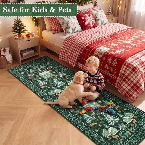 famibay Green 2' x 8' Christmas Runner Rug Non-Slip Washable Kitchen Decor