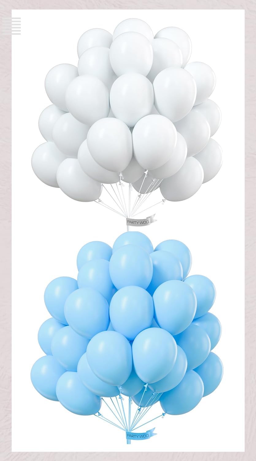 PartyWoo White & Light Blue Balloons - 100 Pcs Each, 12 Inch Size for Celebrations