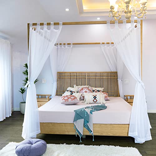 White Sheer Canopy Bed Curtains - 8 Panel Tab Top 4 Poster Frame Drapes
