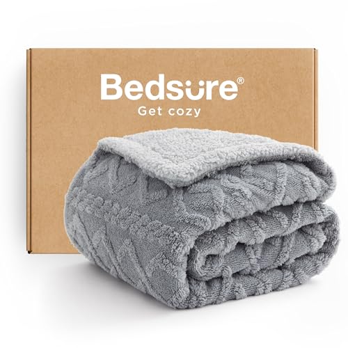 Bedsure Gentlesoft Sherpa Fleece Blanket Twin Size for Bed - Fluffy & Cozy Cable Jacquard Tufted for Women Gift, Thick and Warm Christmas Blanket for Winter, Grey, 60x80 Inches