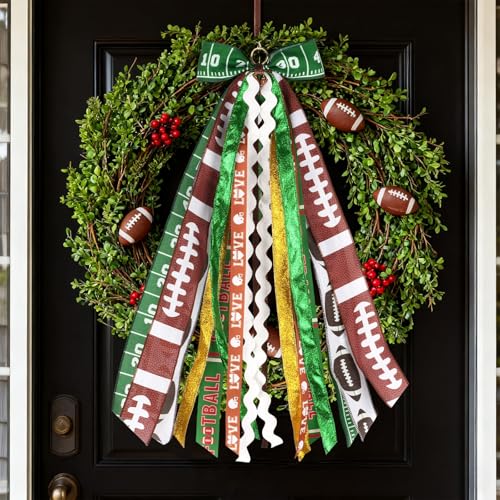 Football Wreath Sash with 9 Ribbon Streamers - 27.5 Inch Door Bow