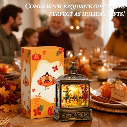 Fall Harvest Snow Globe Lantern with LED Glitter and Timer