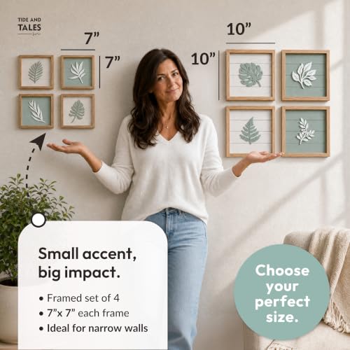 3D Sage Green Botanical Wall Art Set, 7x7 Framed Leaf Decor, 4-Piece