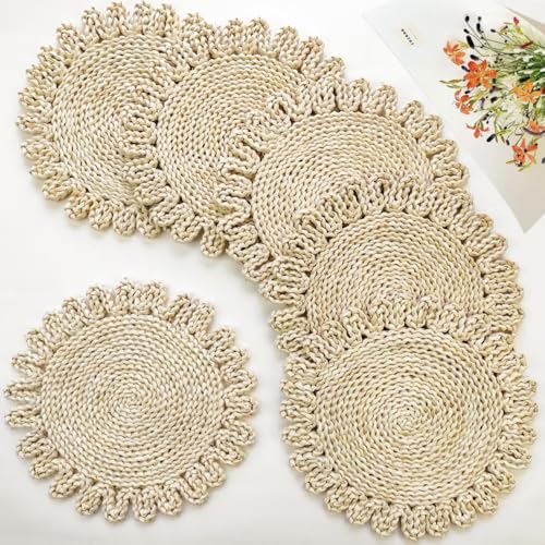 IcosaMro Boho Woven Placemats Set of 6 - 13.8 Inch Natural Table Mats, Style B