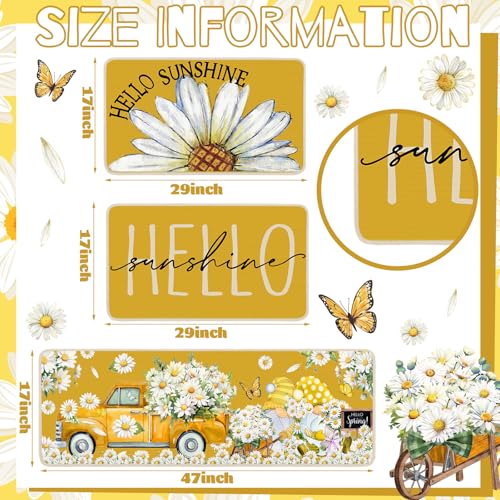 3-Piece Yellow Daisy Kitchen Rug Set, Non-Slip Washable Floral Floor Mats