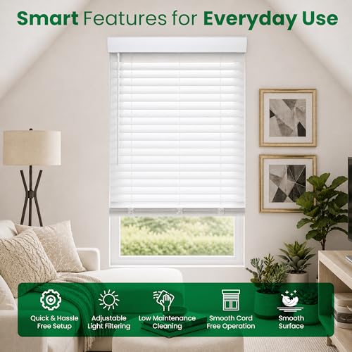 2" Cordless Faux Wood Blinds with Valance - 34.5" W x 48" H - Pure White