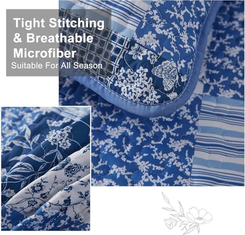 California King Blue Floral Quilt Set - 3 Piece Reversible Bedding