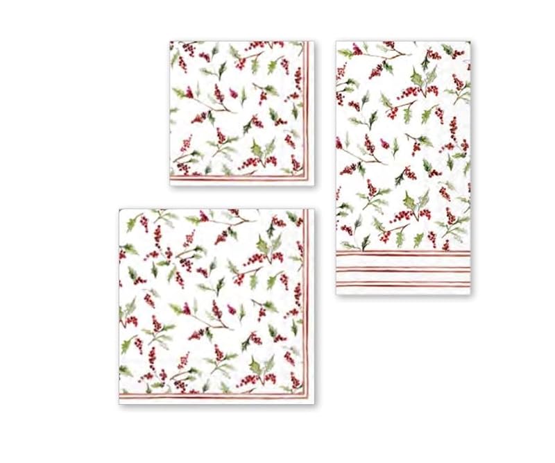 Disposable Christmas Ilex Berries Paper Napkins - 8.5 x 4.5 inches, 16-Count