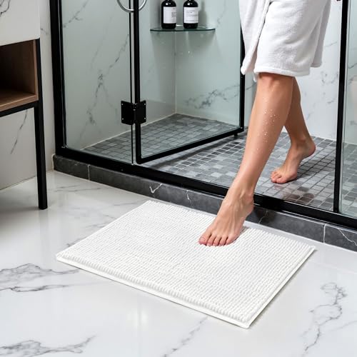 SUBRTEX Chenille Bath Rug Soft Absorbent Non-Slip White 18x24