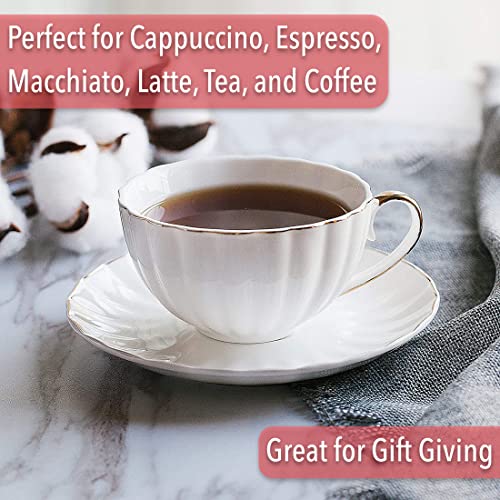 White Cappuccino Cups with Saucers Set of 6 - 7 oz Tea & Coffee Cups, Golden Trim - Brew To A Tea