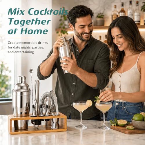 Semderm Silver Cobbler Cocktail Shaker Set - 18/8 Stainless Steel Bartender Kit with Stand