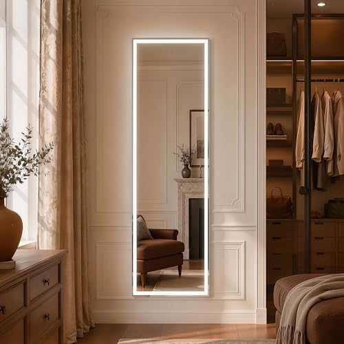 60"x16" LED Full Length Floor Mirror, Dimmable 3-Color Lighted Dressing Mirror