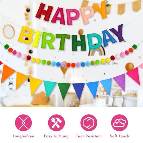 3D Rainbow Happy Birthday Banner Set, Pre-Strung Felt Party Decorations