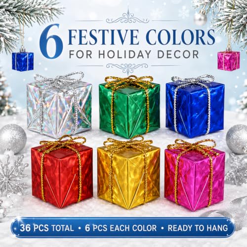 36Pcs Mini Christmas Tree Ornaments Set - 1 Inch Foil Gift Boxes with Hanging Rope