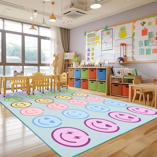Pastel Smiley Face Classroom Rug, 8x10 ft Educational Play Carpet