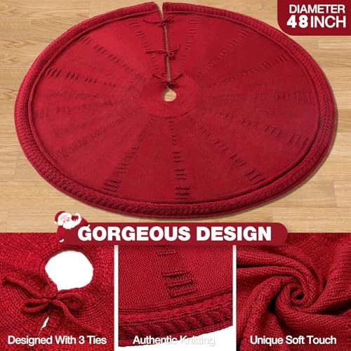 BinSuns Red Christmas Tree Skirt 48 Inch Rustic Knitted Holiday Decor